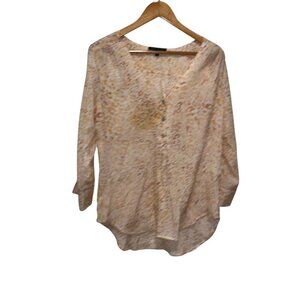 Como Black Cream Animal Print Button-Up V Neck Long Sleeve Women's Blouse Size